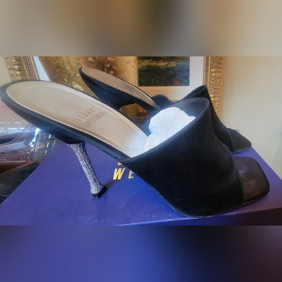 STUART WEITZMAN BLACK SATIN CRYSTAL HIGH HEEL SLIDE SANDALS 9 - Picture 9 of 11